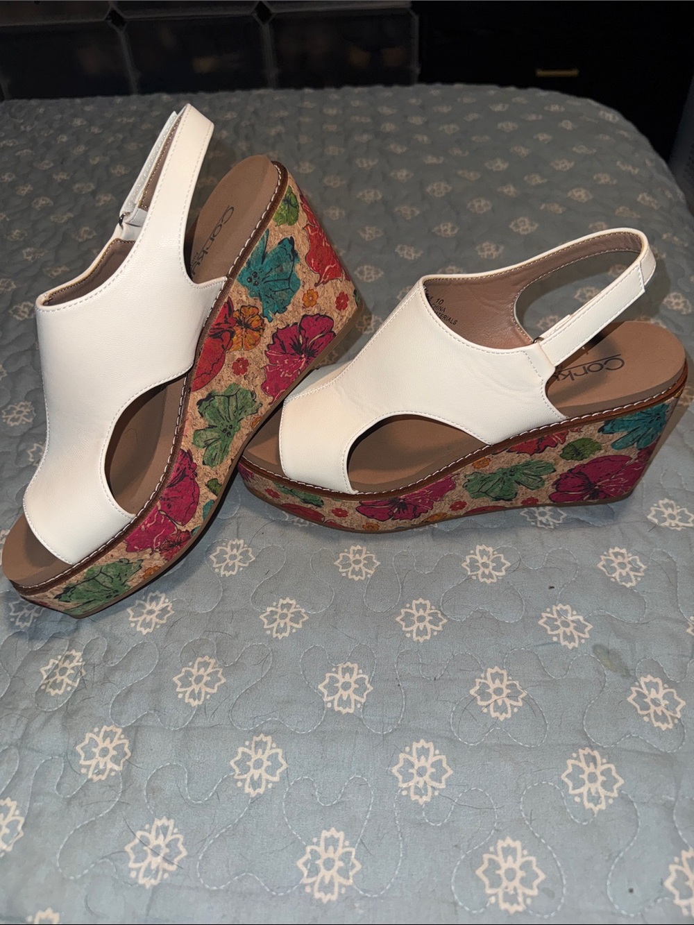 Corkys White Slingback Wedges with Multicolor Floral Cork Platform